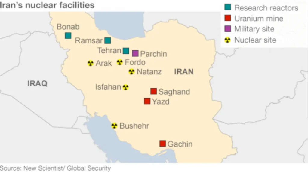 Mapa de Irán con ubicaciones nucleares clave