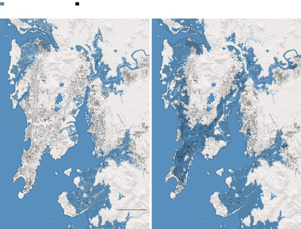 Mapa comparativo del avance del mar en Alejandría desde 2000 hasta 2050.