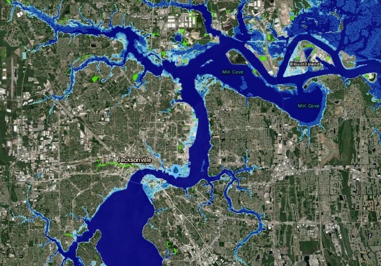 Silueta de Manhattan con simulación de subida del nivel del mar.